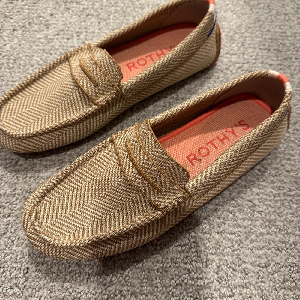 Rothy's Tan Chevron Penny Loafers with Coral Insoles - Picture 2 of 5
